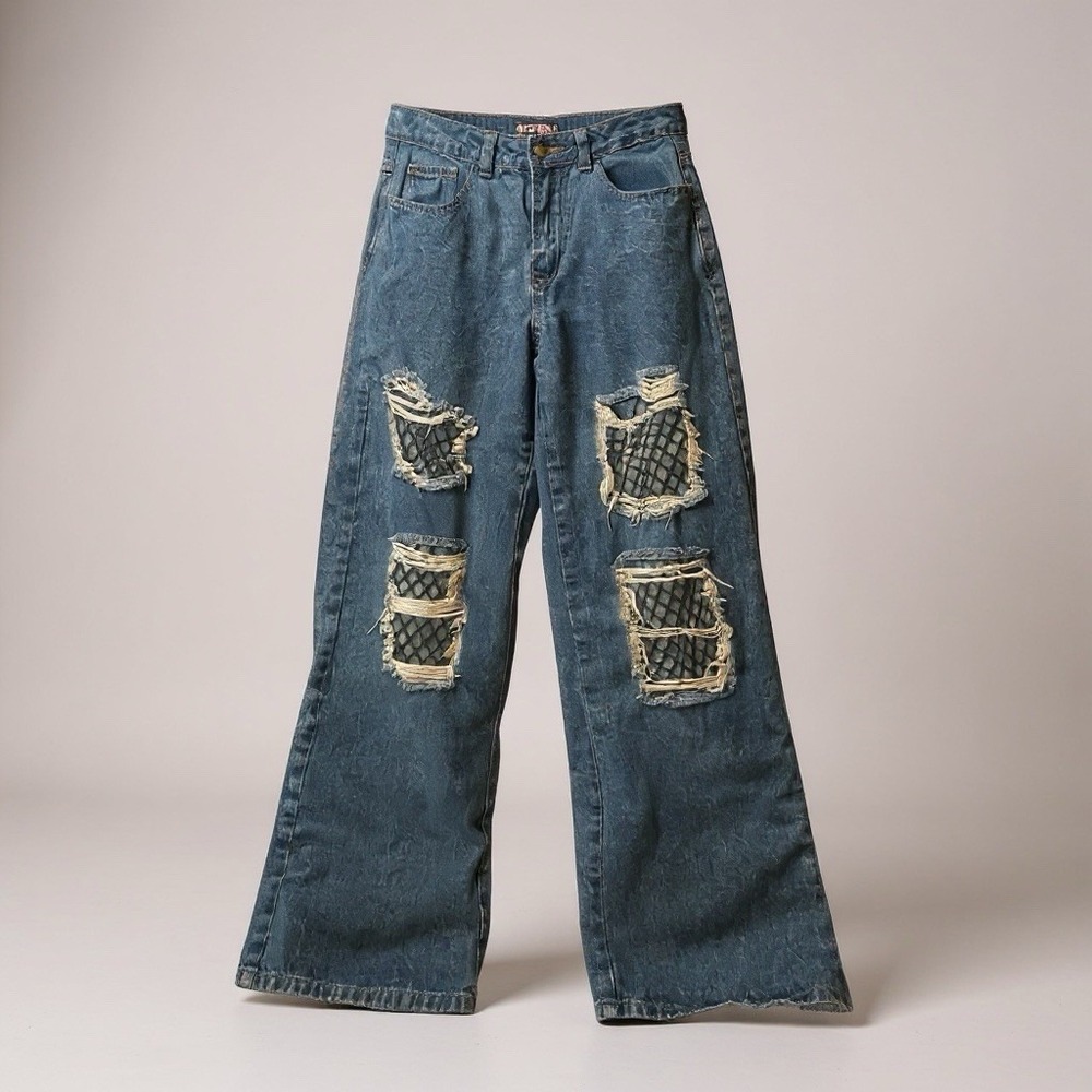 Hot Topic Women Distressed Barrel Leg Y2K Jeans Size Small With Fishnet Lining